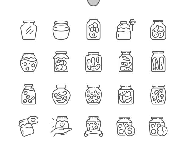 Pickled products. Homemade canned vegetables. Glass jar with tomato, mushroom, peas, pepper and pickle. Pixel Perfect Vector Thin Line Icons. Simple Minimal Pictogram Pickled products. Homemade canned vegetables. Glass jar with tomato, mushroom, peas, pepper and pickle. Pixel Perfect Vector Thin Line Icons. Simple Minimal Pictogram pickled stock illustrations