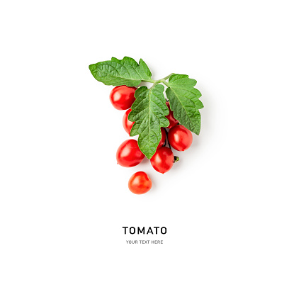 Tomato and leaf isolated on white background. Food, healthy eating and dieting concept. Summer red cherry tomatoes vine arrangement and layout