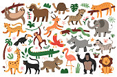 istock Jungle animals bungle, tropical leopard, felines, dancing giraffe and zebra, sleeping jaguar, set of vector illustrations, cute characters for children 1411971297