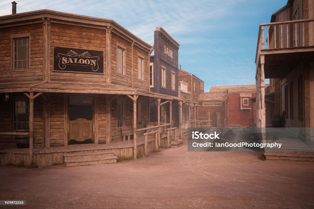 Empty dirt street in an old western town with various wooden buildings. 3D illustration. Empty dirt street in an old western town with various wooden buildings. 3D rendering. Wild West Stock Photo