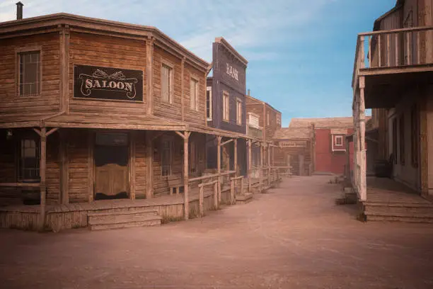 Photo of Empty dirt street in an old western town with various wooden buildings. 3D illustration.