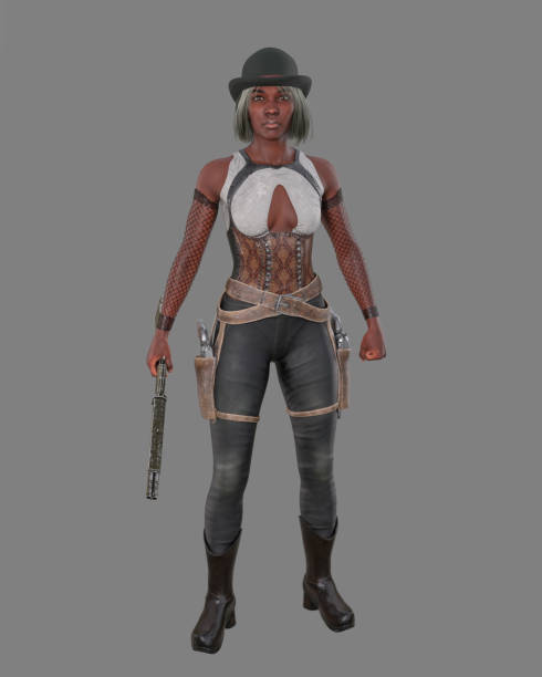 Tall attractive black woman standing in wild west style outfit with two holstered revolvers and a rifle in her hand. 3D rendering isolated on grey background. Tall attractive black woman standing in wild west style outfit with two holstered revolvers and a rifle in her hand. 3D illustration isolated on grey background. vintage cowgirl stock pictures, royalty-free photos & images
