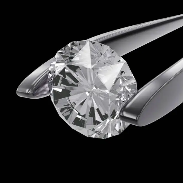 Photo of Excellent cut diamonds held by tweezers. 3d render