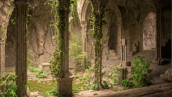 3D rendering of dark mysterious fantasy temple built into a mountain cave and overgrown with wild plants.
