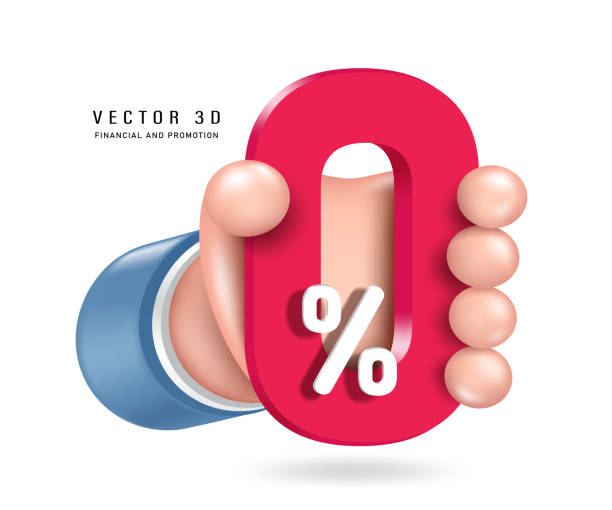 lewa ręka trzymająca 0% czerwony tekst 3d wektor 3d izolowany na białym tle słodki minimalistyczny styl - zero stock illustrations