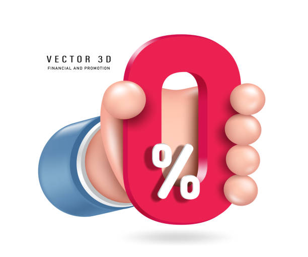 левая рука держит 0% красный текст 3d вектор 3d изолированный на белом фоне симпатичный минималистский стиль - zero stock illustrations