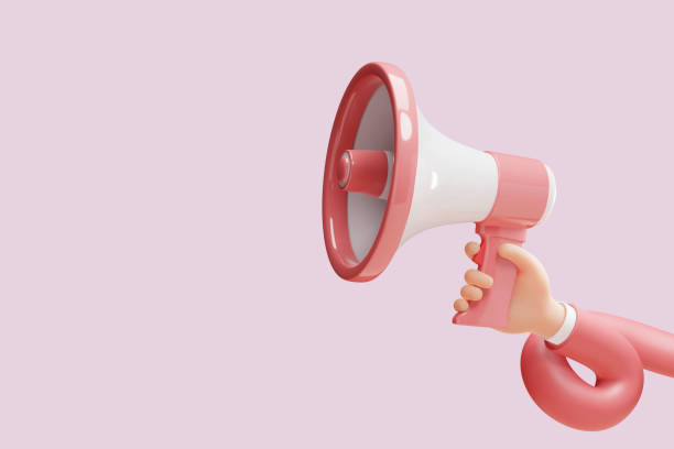 istock Cartoon flexible hand holding megaphone on pink background with copy space. 3d illustration 1411976106