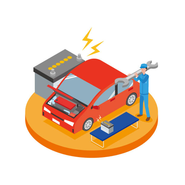 illustrazioni stock, clip art, cartoni animati e icone di tendenza di un lavoratore che sostituisce una batteria per auto - battery replacement