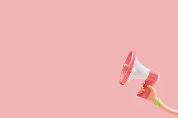 istock Cartoon flexible hand holding megaphone on pink background with copy space. 3d illustration 1411976162