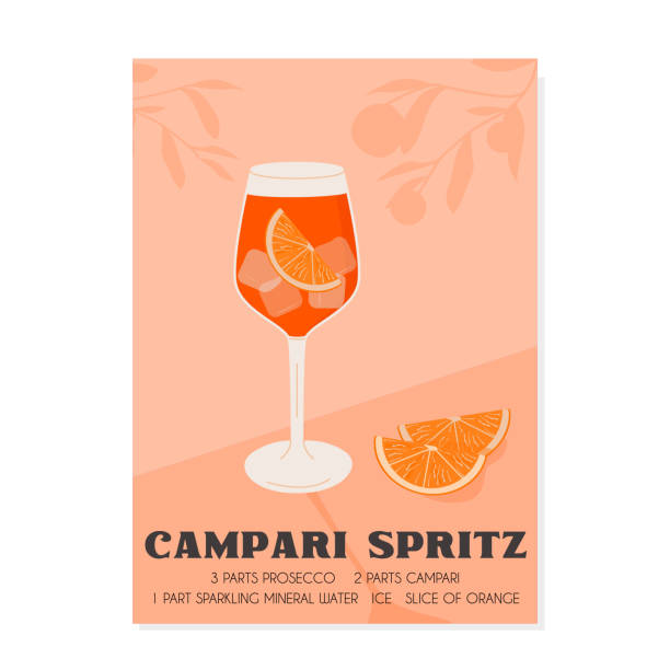 campari spritz cocktail w szklance z lodem i plasterkiem pomarańczy. letni włoski plakat retro aperitif. sztuka ścienna z napojem alkoholowym ozdobionym pomarańczowymi klinami i drzewem cytrusowym na tle. wektor - citrus fruit illustrations stock illustrations