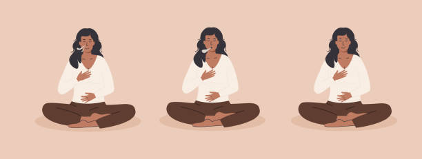Energy practice. Black woman exhaling and inhaling. Young female doing abdominal exercise. Deep belly breathing. Meditation, diaphragm breathing, pranayama yoga. Vector flat illustration set. Energy practice. Black woman exhaling and inhaling. Young female doing abdominal exercise. Deep belly breathing. Meditation, diaphragm breathing, pranayama yoga. Vector flat illustration set breathing stock illustrations