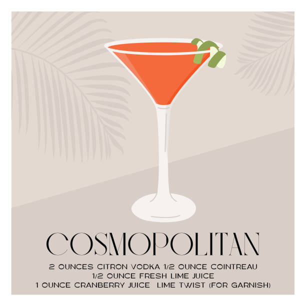 ilustrações, clipart, desenhos animados e ícones de coquetel cosmopolita em vidro martini decorado com torção de limão. receita de aperitivo de verão retro minimalista impressão quadrada. cardápio com bebida alcoólica com sombra de palmeira tropical. ilustração vetorial - cosmopolitan