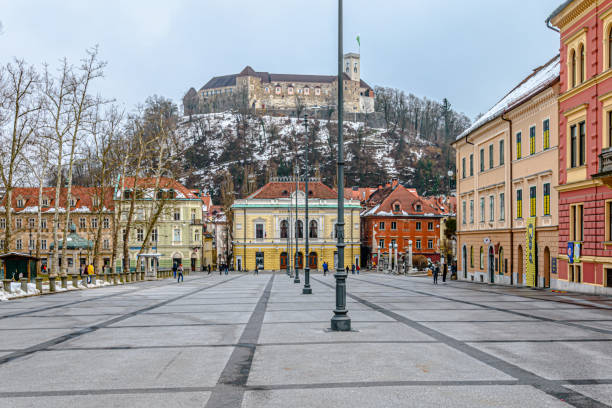 plaza del congreso - castle slovenia winter snow fotografías e imágenes de stock