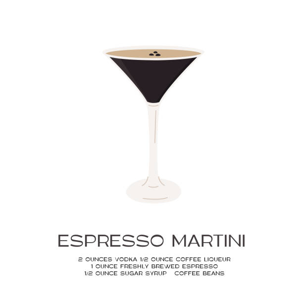 ilustrações de stock, clip art, desenhos animados e ícones de espresso martini cocktail in martini glass garnished with coffee beans. minimalistic print with recipe of aperitif. wall art poster with alcoholic beverage on white background. vector illustration. - espresso