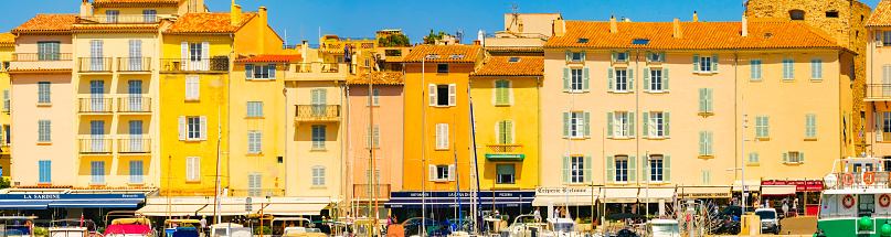Saint Tropez, France - June 28, 2022: Saint Tropez, South of France. Village in French Riviera, France. Luxury yachts in marina.