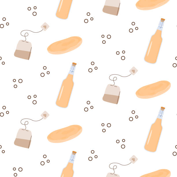 Kombucha fermented probiotic homemade drink ingredients seamless pattern. Tea mushroom scoby brew. Glass bottle with healthy tea fungus drink. Flat style vector illustration on white background. Kombucha fermented probiotic homemade drink ingredients seamless pattern. Tea mushroom scoby brew. Glass bottle with healthy tea fungus drink. Flat style vector illustration on white background kombucha jar stock illustrations