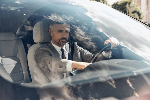 istock Confident mature man in formalwear using control panel while sitting on the front seat of a car 1411978685