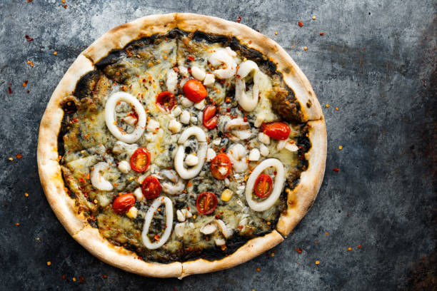 rustic italian squid ink black seafood pizza