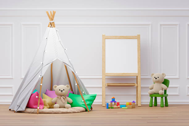 istock Kids playroom with play teepee and mockup writing board. 3d rendered illustration. 1411981033