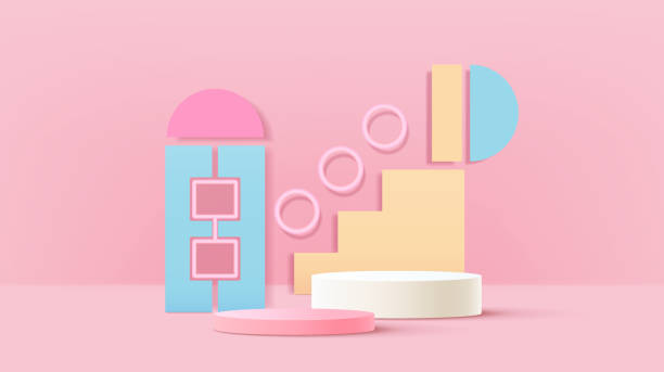 istock 3D cylinder stand podium with geometric shapes layers scene background. Abstract minimal wall scene for product stage showcase, promotion display. Vector pastel geometric forms. 1411982305