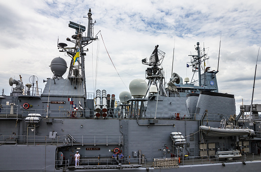 Cape Canaveral, Florida, USA - September 24, 2020: The United States Navy Destroyer USS Delbert D. Black at dock at Port Canaveral The ship was in port for a commissioning ceremony to take place at this dock, Terminal One, the following Saturday.