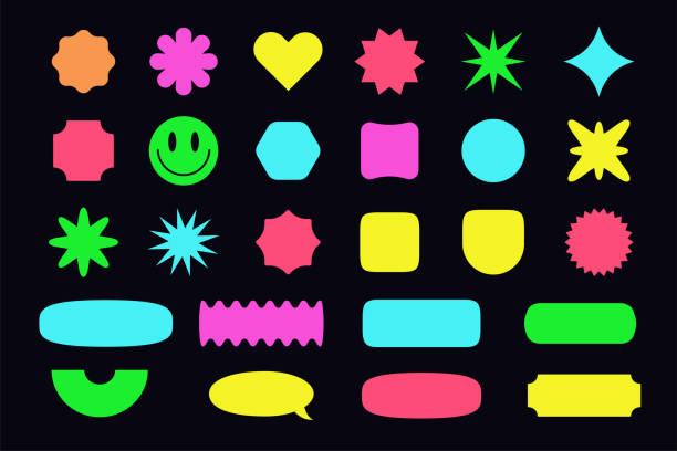Sticker set retro funny cute colorful style Sticker set retro funny cute colorful style isolate on white background. Hipster trendy cool banner, new wave stamp, comic design elements, cartoon style pins. 10 eps emoji original stock illustrations