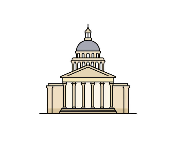 vorderseite des pantheon-gebäudes in paris, frankreich, ikonisches design. fassade eines historischen gebäudes in der stadt paris lineare illustration. berühmte denkmäler in frankreich line art - cupola stock-grafiken, -clipart, -cartoons und -symbole