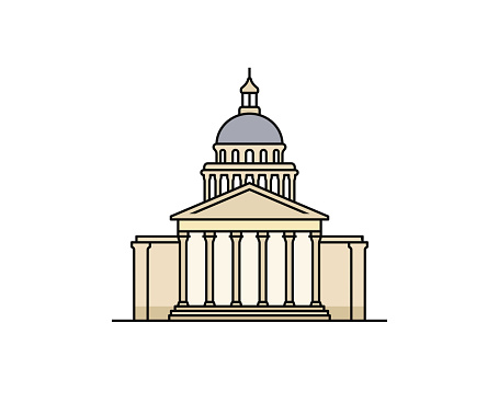 Front of Pantheon building in Paris, France icon design. Facade of a historical building in the city of Paris linear illustration. Famous monuments in France line art