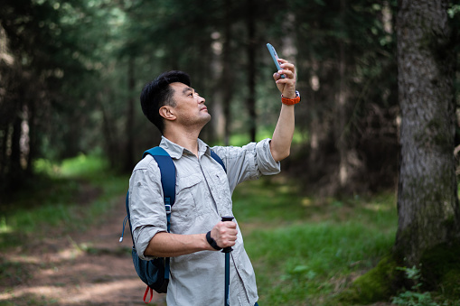 Asian middle-aged man using smartphone to photograph beautiful landscape while hiking in forest