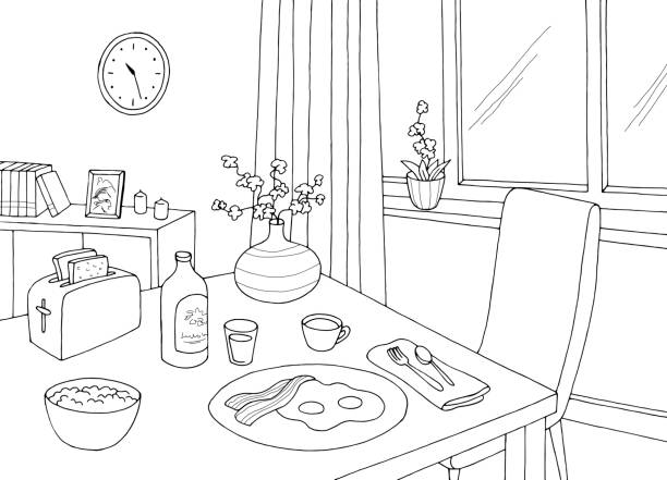 ilustrações de stock, clip art, desenhos animados e ícones de dining room breakfast home interior graphic black white sketch illustration vector - dining table table cartoon dining