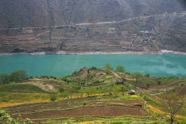 Terraces along the Jinsha River in Yunnan, China.