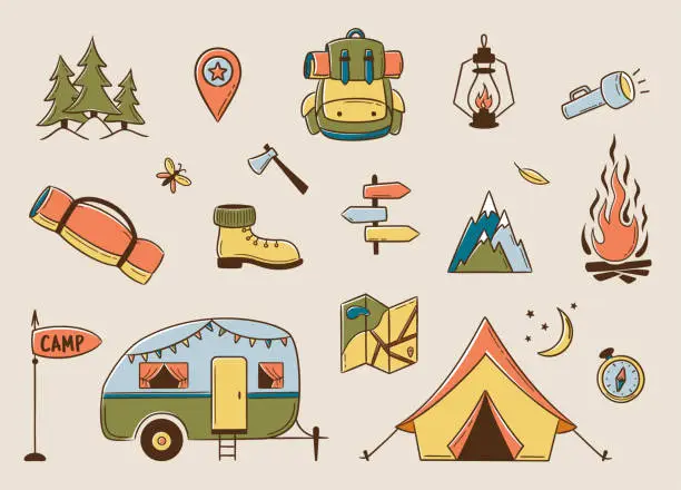 Vector illustration of Camping and hiking coloured elements set. Outdoor adventure emblems. Tourist tent, camper, forest, trees, backpack, campfire. For Camp badges, labels, banners, brochures. Doodle vector illustration