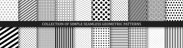 kolekcja wektorowych geometrycznych wzorów bezszwowych. proste tekstury w paski i kropki - powtarzalne tła. czarno-biały nietypowy design, minimalistyczne nadruki tekstylne - seamless pattern stock illustrations