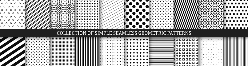 Collection of vector geometric seamless patterns. Simple striped and dotted textures - repeatable backgrounds. Black and white unusual design, minimalistic textile prints.