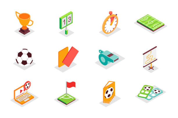 Football concept 3d isometric icons set. Bundle elements Football concept 3d isometric icons set. Bundle elements of victory cup, score, time, ball, red or orange cards, whistle, field, championship and other. Vector illustration in modern isometry design net sports equipment stock illustrations