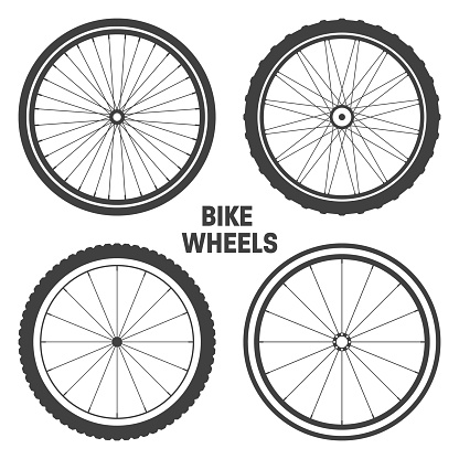Black bicycle wheel symbols collection. Bike rubber tyre silhouettes. Fitness cycle, road and mountain bike. Vector illustration