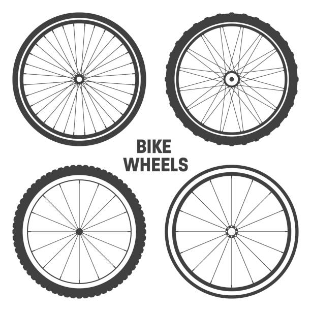 Black bicycle wheel symbols collection. Bike rubber tyre silhouettes. Fitness cycle, road and mountain bike. Vector illustration. Black bicycle wheel symbols collection. Bike rubber tyre silhouettes. Fitness cycle, road and mountain bike. Vector illustration wheel stock illustrations