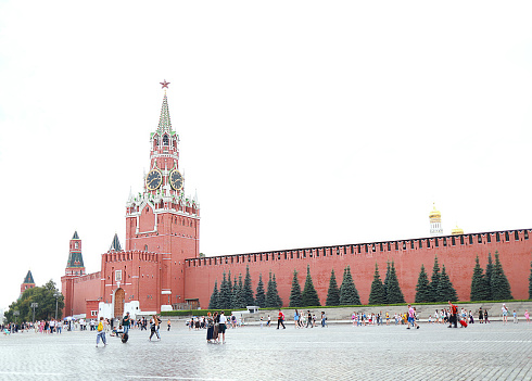 Kremlin Walls And Spasskaya Clocktower In Moscow, Russia