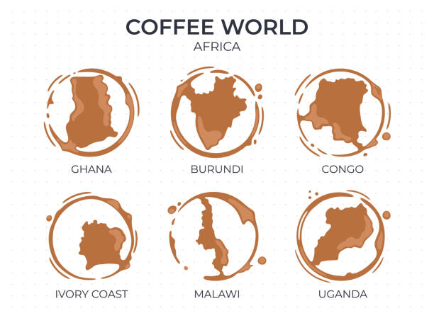 Collection of coffee cup round stains shaped like a coffee origin countries, producers and exporters from Africa. Vector drops and splashes on white. Collection of coffee cup round stains shaped like a coffee origin countries, producers and exporters from Africa. Vector drops and splashes on white. exporters stock illustrations