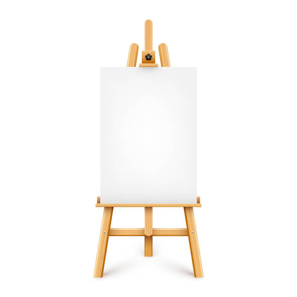 istock Realistic paint desk with blank white canvas. Wooden easel and a sheet of drawing paper. Presentation board on a tripod. Artwork mockup, template. Vector illustration 1411996877