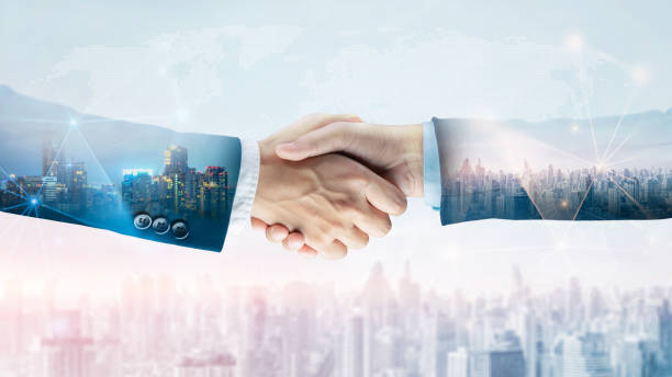 Successful businessman handshake startup new project at city skyline background, Double exposure of professional teamwork and network connection partnership concept, International business investment stock photo