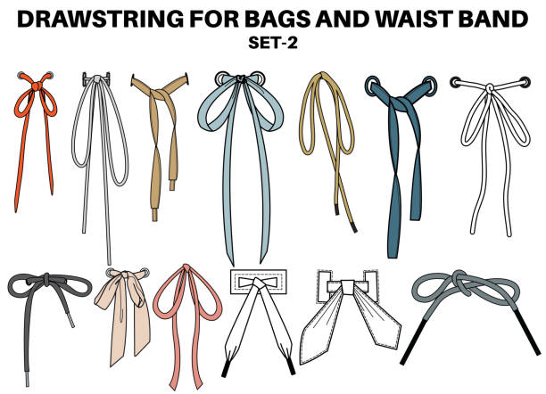ilustrações de stock, clip art, desenhos animados e ícones de drawstring cord flat sketch vector illustrator. set of bow knot draw string with aglets for waist band, bags, shoes, jackets, shorts, pants, dress garments, drawcord for clothing to pulled or tighten - waistband