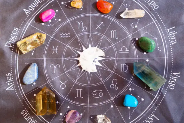 Gemstones for zodiac signes circle, minerals over life flower chart. Magic healing Rock for Reiki Crystal Ritual, Witchcraft, spiritual esoteric practice