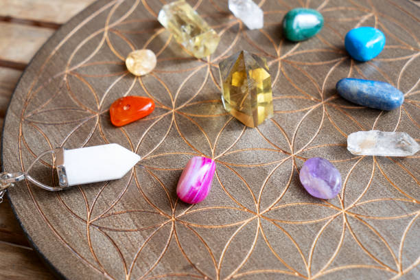 istock Healing crystals on brown background 1411998432