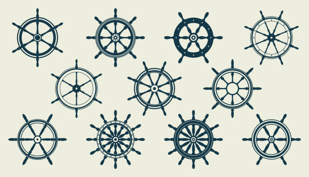 빈티지 스티어링 휠 컬렉션. 선박, �요트 복고풍 휠 기호. 해상 방향타 아이콘. 해양 디자인 요소. 벡터 일러스트레이션 - sailboat sign nautical vessel shape stock illustrations