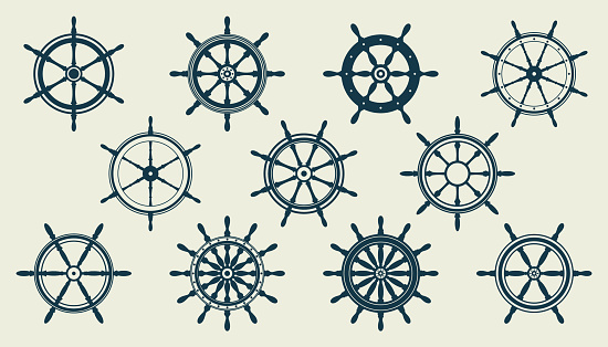 Collection of vintage steering wheels. Ship, yacht retro wheel symbol. Nautical rudder icon. Marine design element. Vector illustration.
