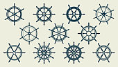istock Collection of vintage steering wheels. Ship, yacht retro wheel symbol. Nautical rudder icon. Marine design element. Vector illustration 1411998480