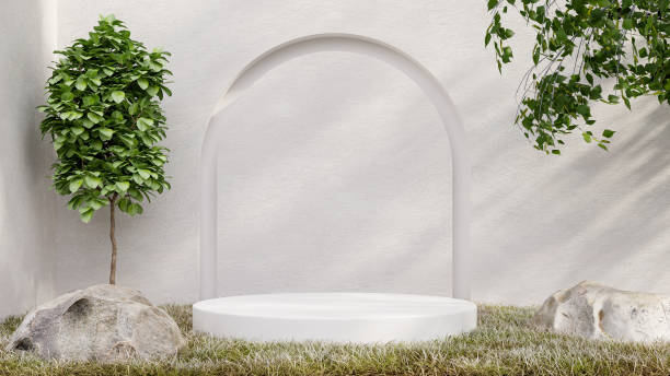 istock White circle pedestal in tropical forest for product presentation. 1412000037