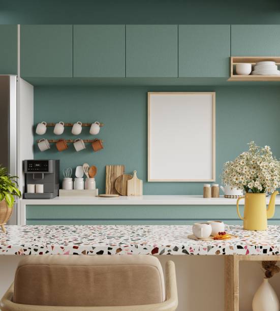 istock Mock up poster frame in kitchen interior with green wall background. 1412000062