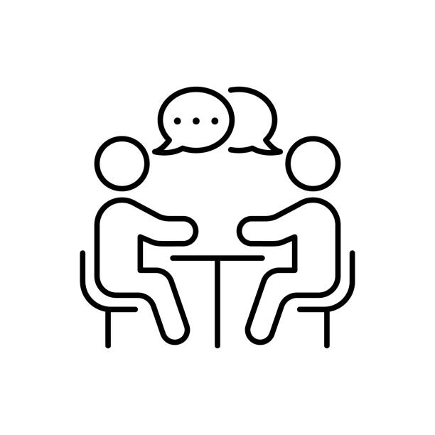 ilustrações, clipart, desenhos animados e ícones de ícone de linha de gerenciamento de recursos humanos. reunião de entrevistas de emprego reunião de pictograma linear. recrutamento encontre o ícone de contorno de comunicação de carreira do trabalho. empregador contrata empregado. golpe editável. ilu - interview